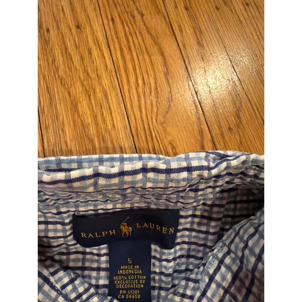 Ralph Lauren Boys Blue Gingham Short Sleeve Button Down Shirt Size 5 Cotton